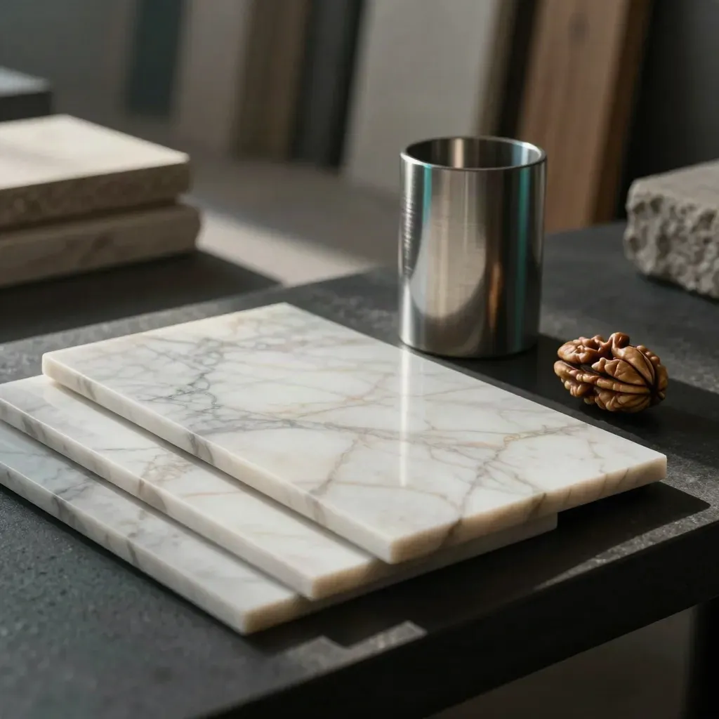 Marmeren sampletegels, aluminium cilinder en walnoottoken op een donker plinth.