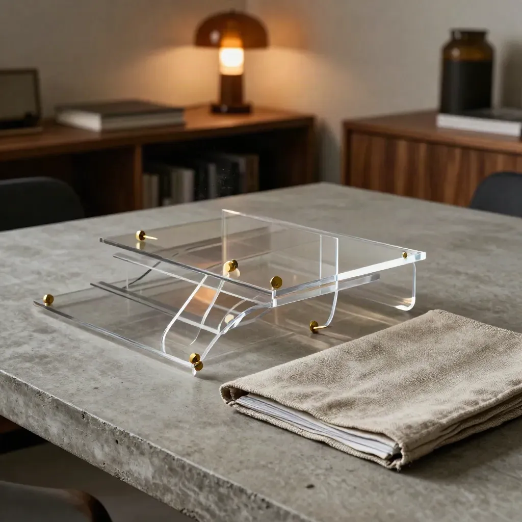 Drie acrylbogen en een linnen portfolio op een betonnen tafel in een warme kantoorlounge.