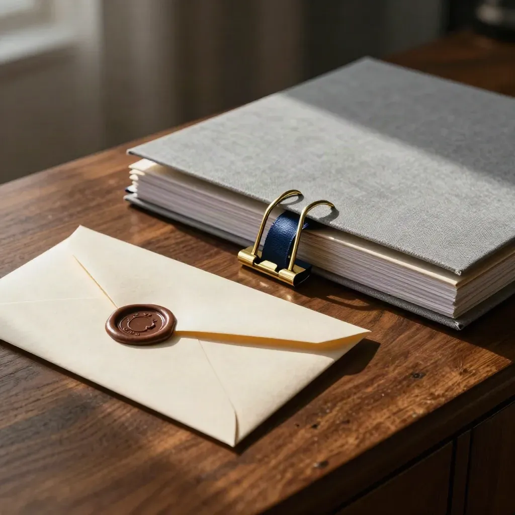 Macro van verzegelde correspondentie-enveloppen, mappen en messing ringen op een walnoot sideboard.