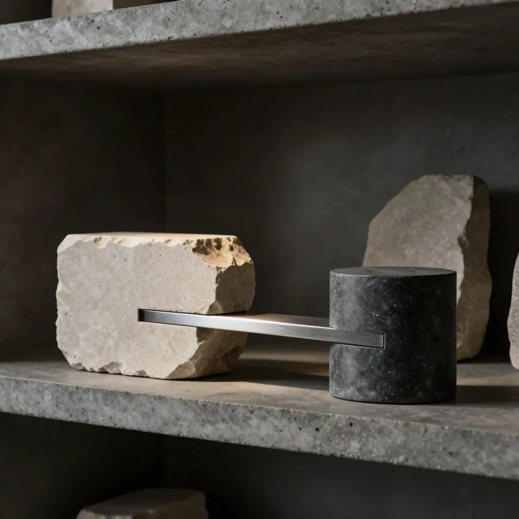 Limestone blok en grafietcilinder in balans op een matte plank met zilveren brug.