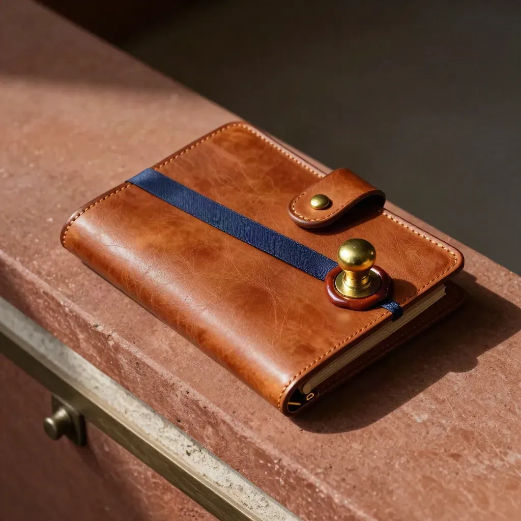 Bovenaanzicht van een leren contractfolio met messing clips en waszegel op terracotta steen.