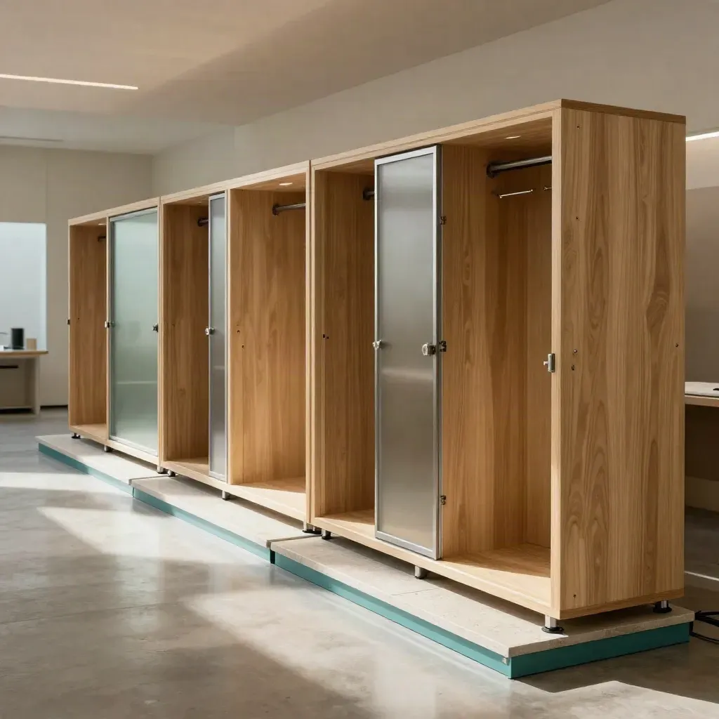 Modulair partnerpunt met vijf lege vakken en een route over een moderne werkplek.