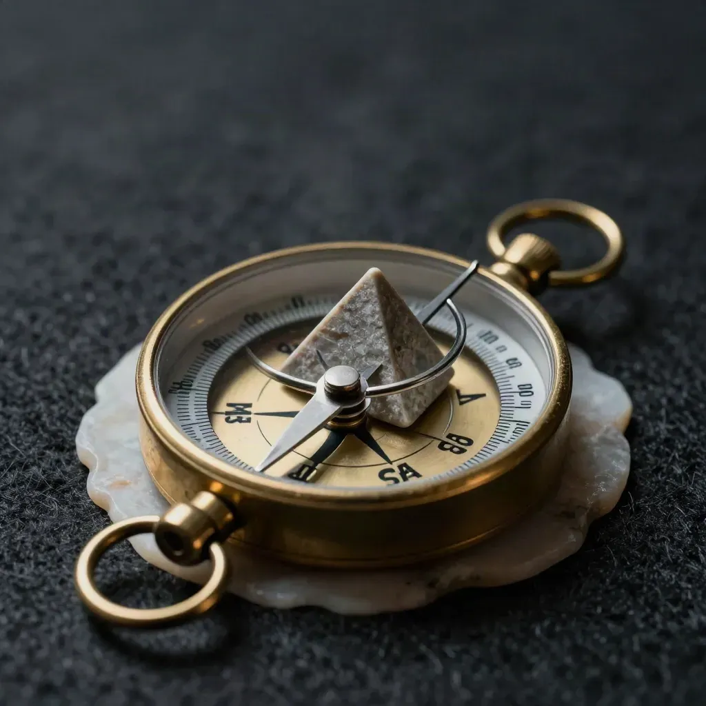 Macro van een brass kompas met ringen en stenen strategiepiramide op donker vilt.