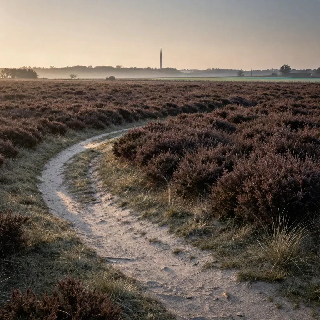 Brabantse heide bij zonsondergang met verre Eindhovense skyline en open rustige voorgrond